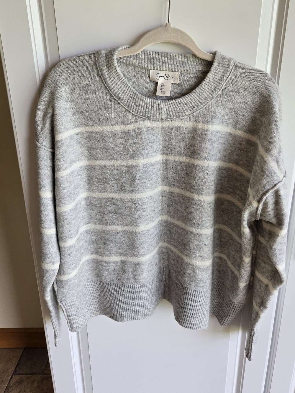 Jessica Simpson Gray and Cream Striped Crewneck Sweater
